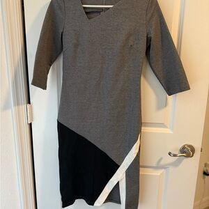 Chic Asymmetrical Gray and Black Dress with White Detail